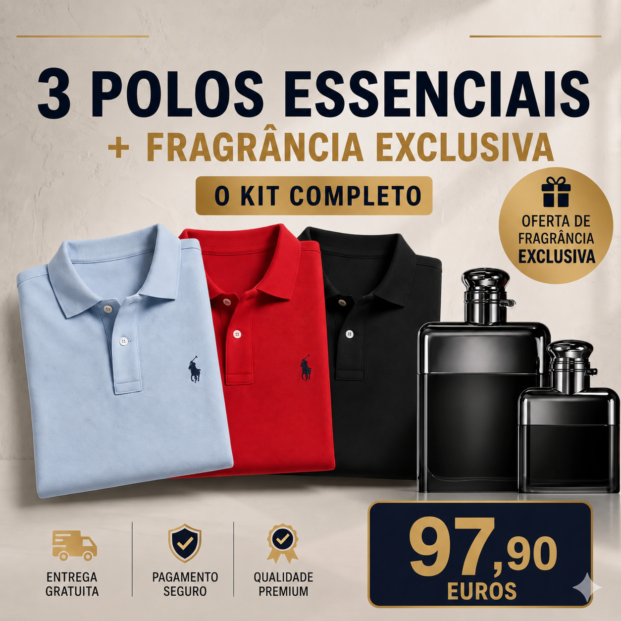 Conjunto com 3 polos e perfume oferta